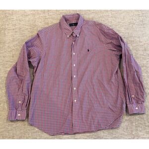 Ralph Lauren Men's 2XL Red Blue Gingham‎ Classic Fit Blue Pony Shirt